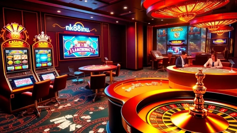 Experience the excitement of nk88uk.com with vibrant casino visuals of slot machines and lively poker tables.