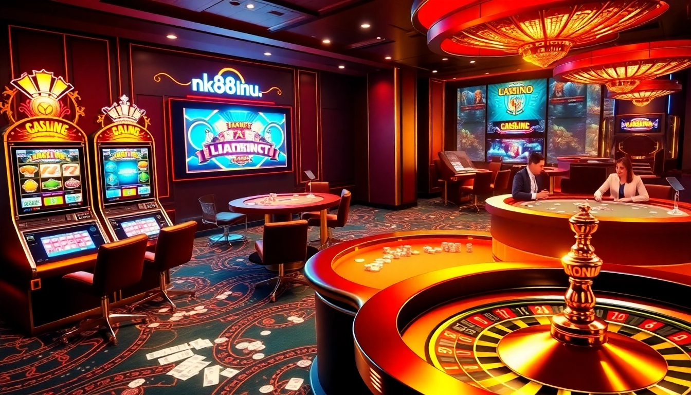 Experience the excitement of nk88uk.com with vibrant casino visuals of slot machines and lively poker tables.