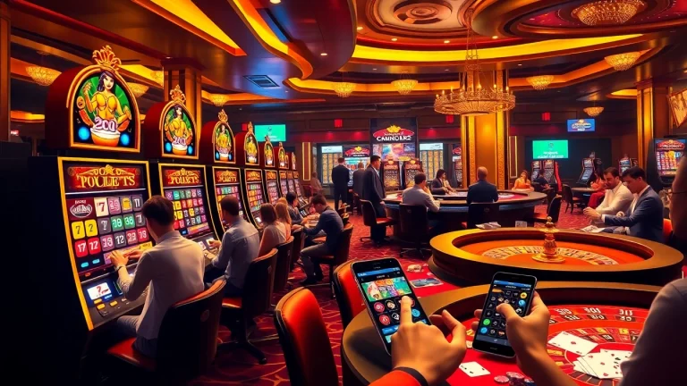 A dynamic casino experience showcasing Gg88 Tech slot machines and players engaging in a lively gambling environment.