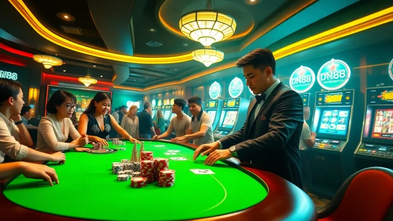 Engaging gameplay at DN88 trang chủ, showcasing players enjoying a casino atmosphere with poker chips and cards.