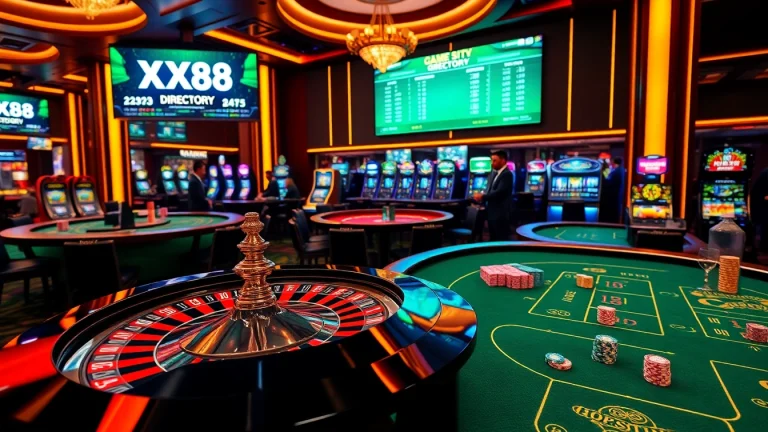 Experience premium gaming at XX88 DIRECTORY with upscale roulette and poker tables in a vibrant casino.