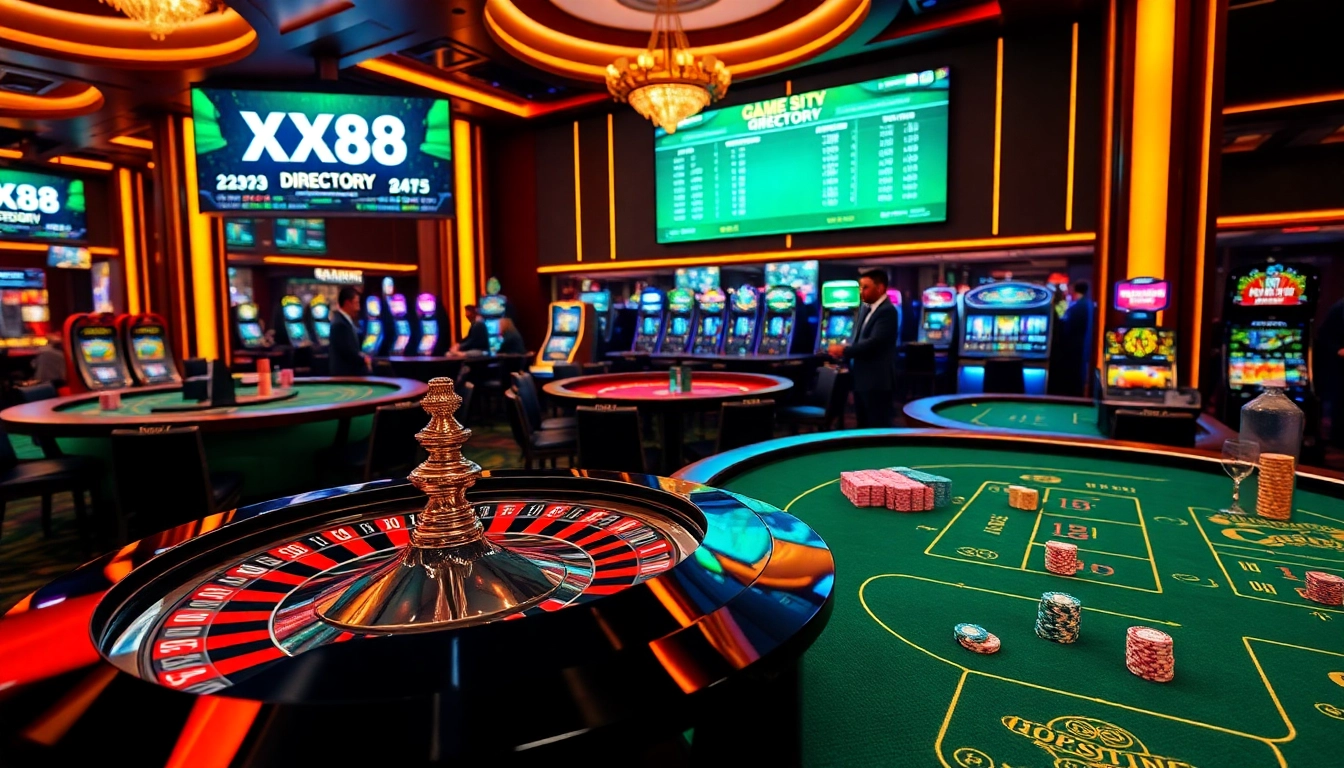 Experience premium gaming at XX88 DIRECTORY with upscale roulette and poker tables in a vibrant casino.