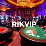 Players enjoying the exciting casino atmosphere with RIKVIP branding on slots and tables.