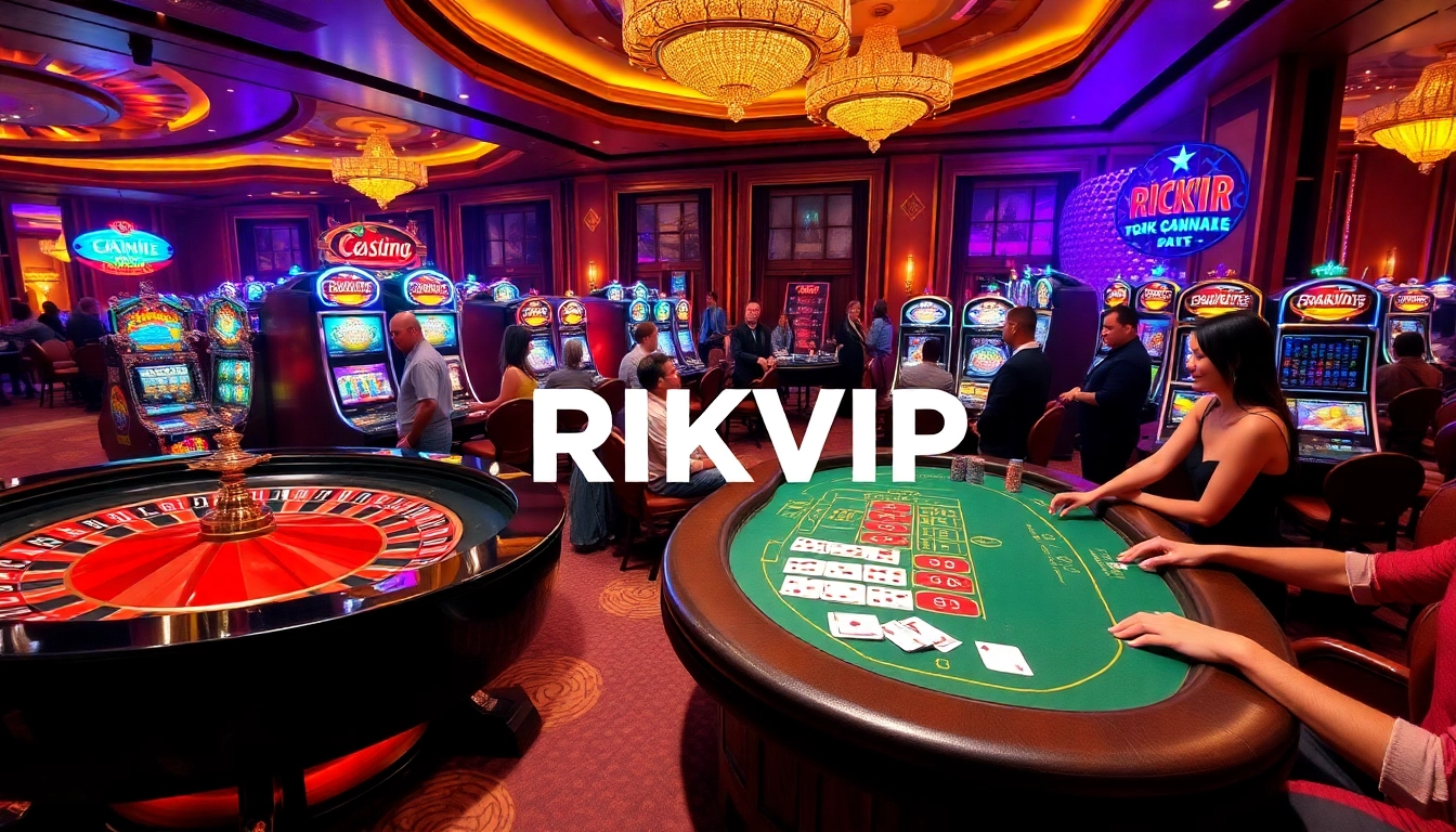 Players enjoying the exciting casino atmosphere with RIKVIP branding on slots and tables.