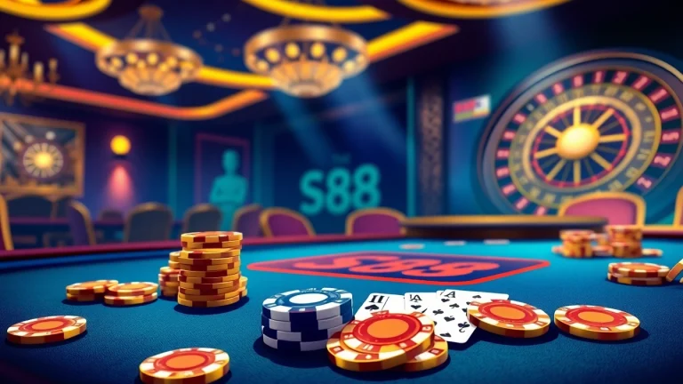 S88 branded poker table action in a luxe casino with chips and cards highlighting thrilling gameplay.