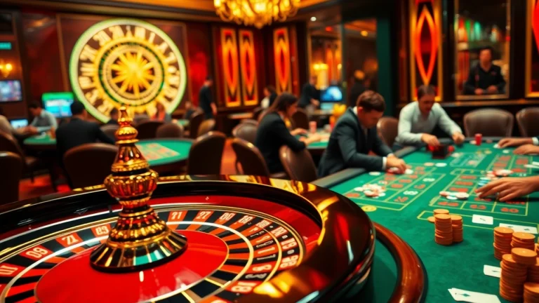 Players enjoying their favorite games at fly88r.net, featuring vibrant casino tables and spinning roulette wheels.