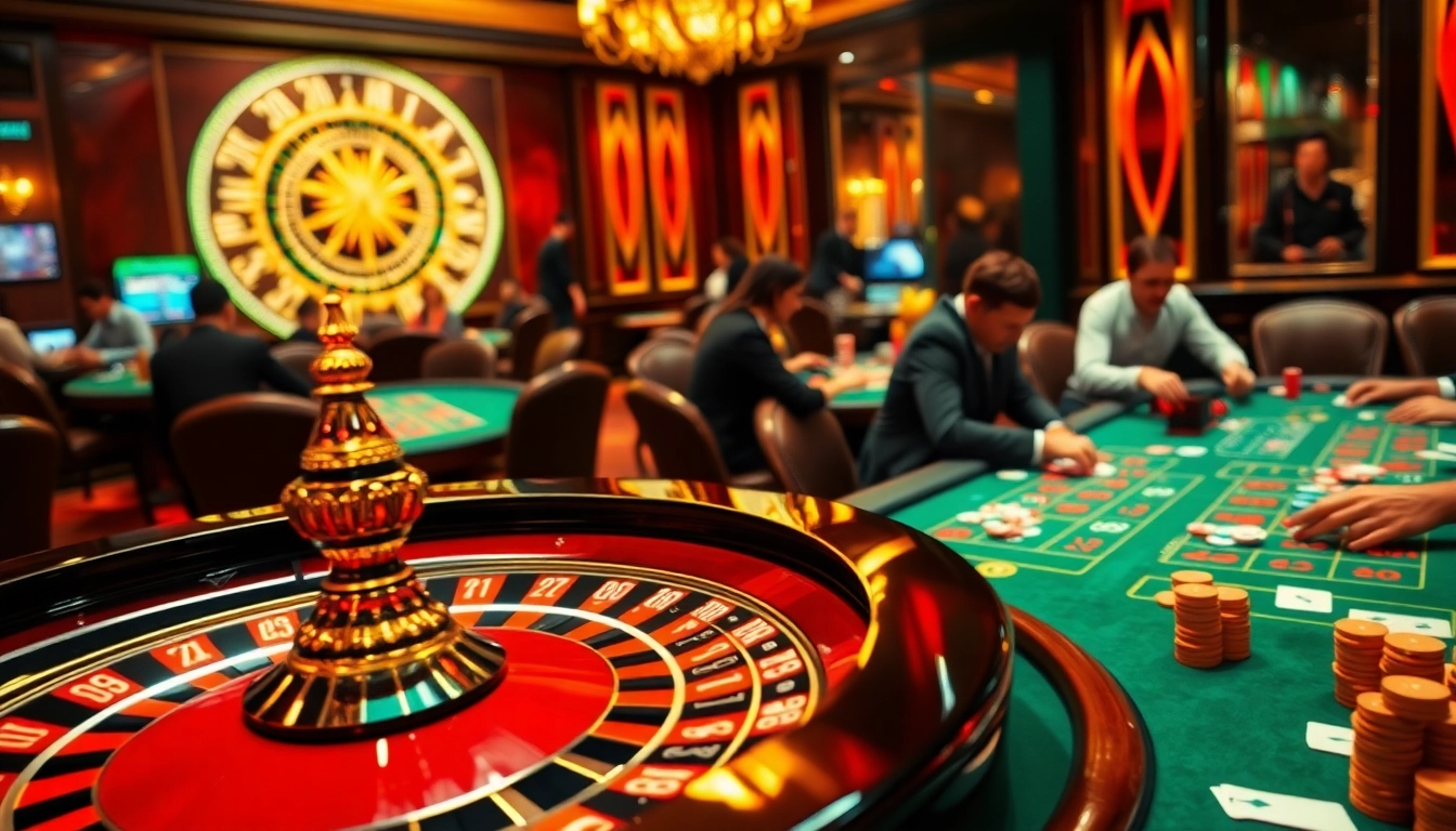 Players enjoying their favorite games at fly88r.net, featuring vibrant casino tables and spinning roulette wheels.