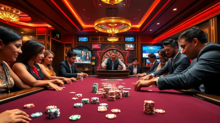 Players betting at a poker table in a lively casino, highlighting the excitement of 33win com 9.