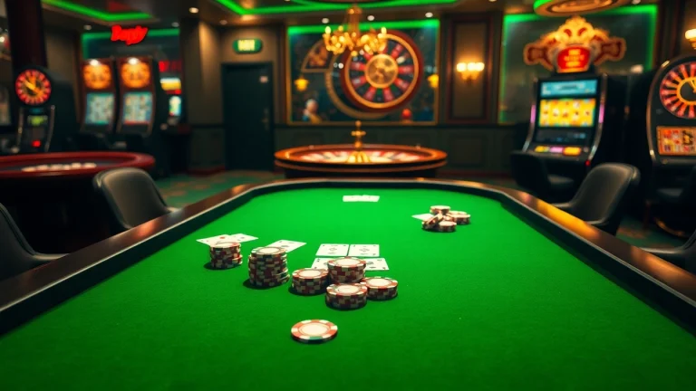 C54.gb.net features a professional online casino atmosphere with elegant gaming tables and vibrant poker chips.