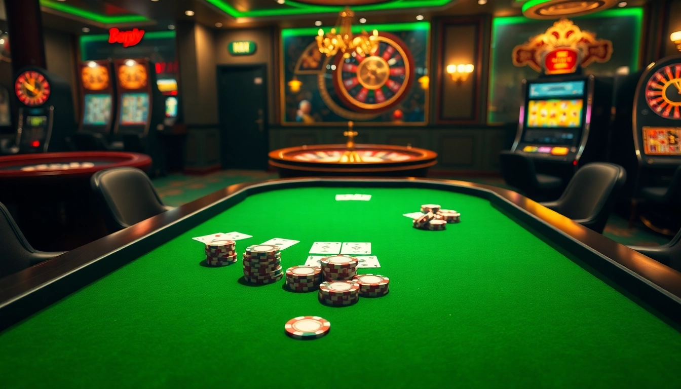 C54.gb.net features a professional online casino atmosphere with elegant gaming tables and vibrant poker chips.