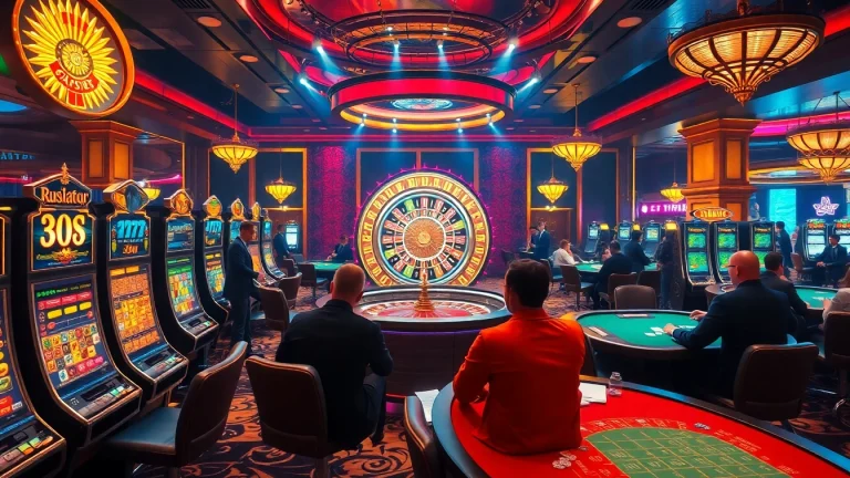 Gambling excitement at a casino scene featuring luxurious tables and vibrant slot machines at https://go8.cash/.