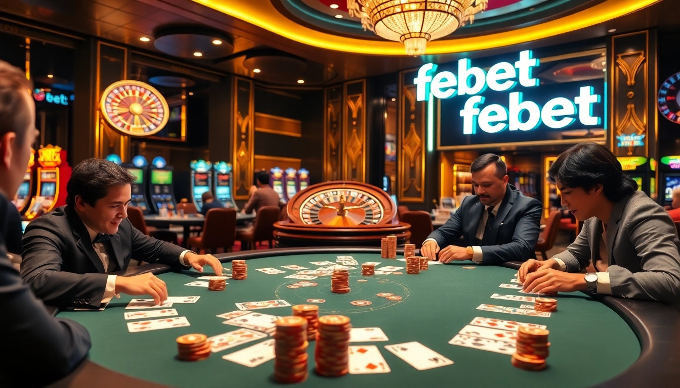 Experience the excitement of febet with poker chips and cards in a luxurious casino setting.