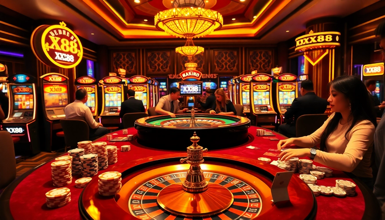 Experience luxury gaming at XX88 Casino with poker, roulette, and vibrant slot machines.