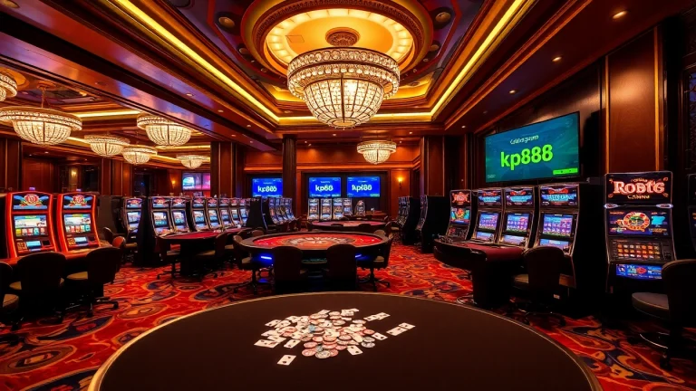 Experience the excitement of kp88 com with vibrant casino visuals showcasing luxurious tables and slot machines.