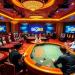 Experience thrilling gaming action at Cổng game Big88 with poker, roulette, and vibrant casino atmosphere.