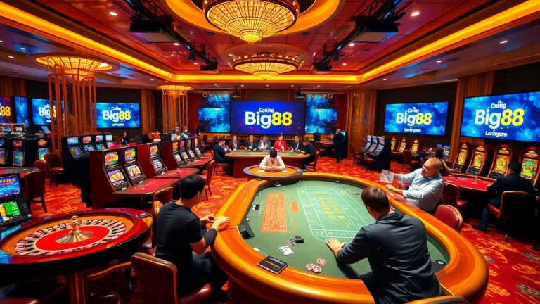 Experience thrilling gaming action at Cổng game Big88 with poker, roulette, and vibrant casino atmosphere.