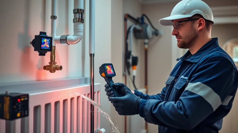 Technician performing a power flush on a central heating system using advanced leak detection tools.