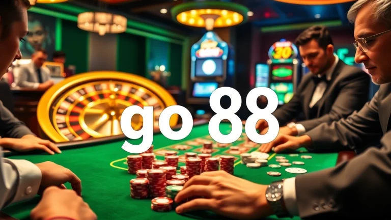 Engage in an exciting casino experience with go 88 gaming tables, vibrant chips, and a thrilling roulette wheel.
