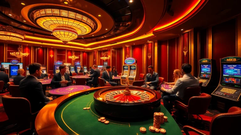 Engaging scene of a stylish casino featuring the MK8 platform, captivating gamblers at roulette tables and poker games.