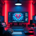 Innovative workspace showcasing NSFW AI image generation, featuring vibrant neon art and high-tech tools.