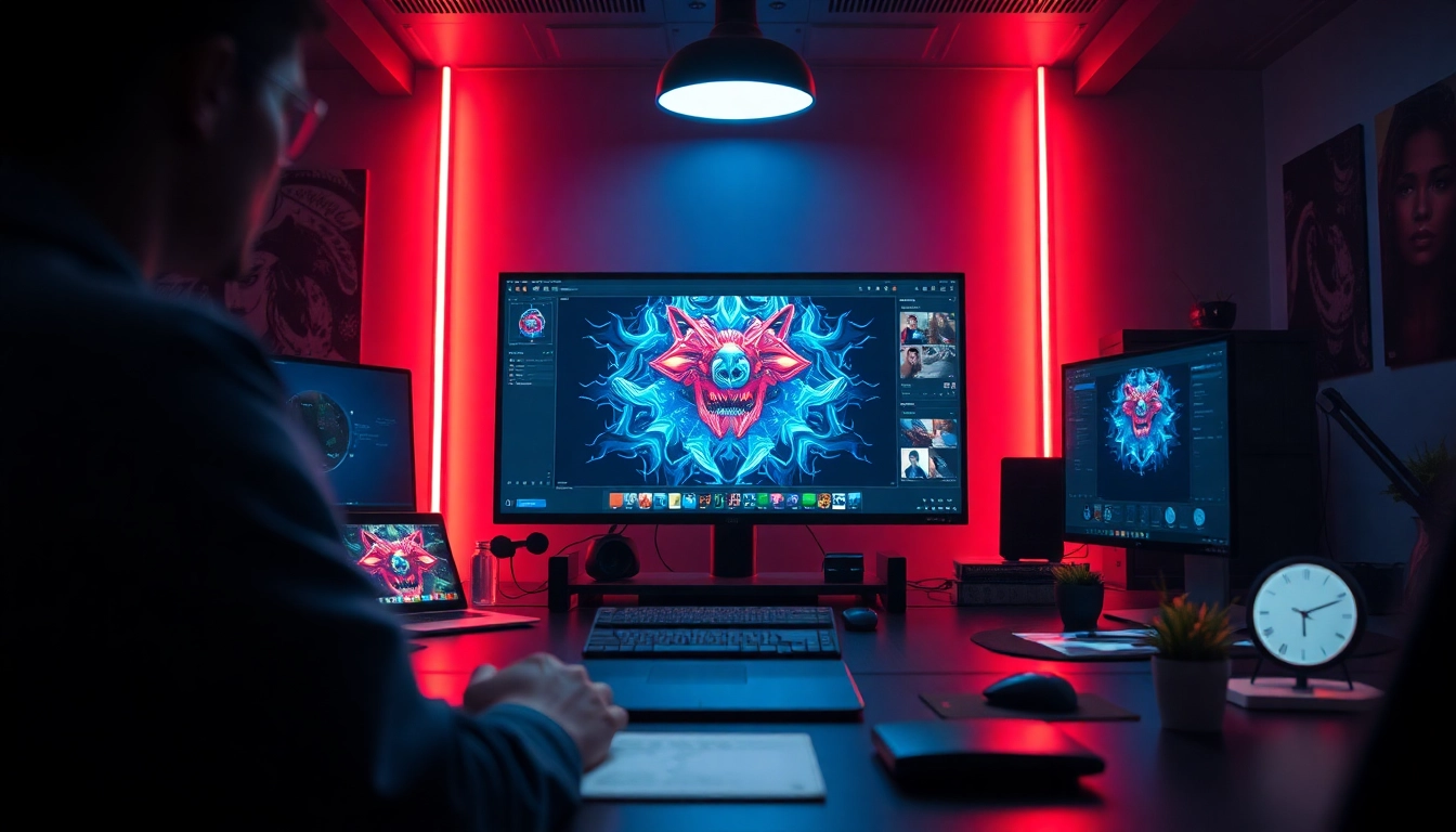 Innovative workspace showcasing NSFW AI image generation, featuring vibrant neon art and high-tech tools.