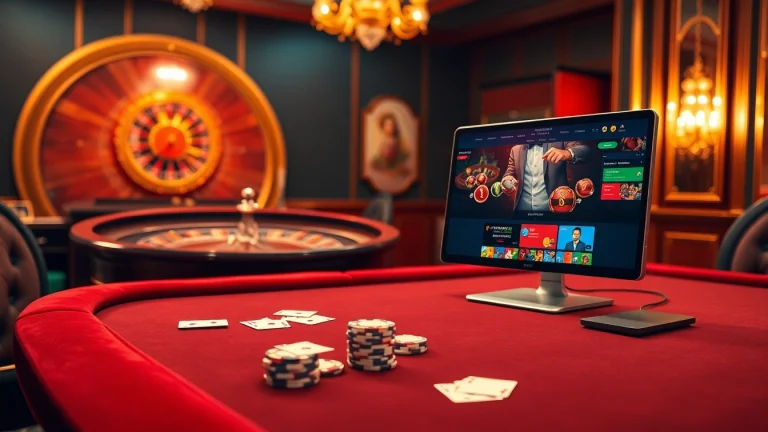 Experience thrilling gambling at https://789club.quest/ with a luxurious poker table and roulette wheel illuminated in an elegant casino setting.