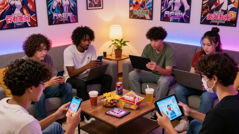 Group of friends playing porngame on various devices in a vibrant living room, showcasing community engagement and excitement.