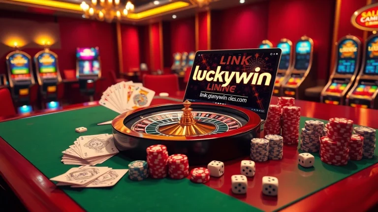 Experience the excitement of online gambling at link luckywin with a captivating casino scene featuring roulette, poker, and slot machines.
