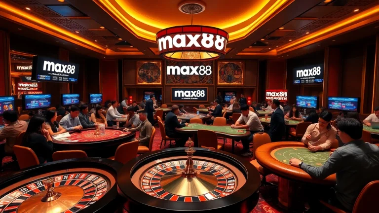 Engage with max88 at a luxurious casino featuring tables, chips, and thrilling games.