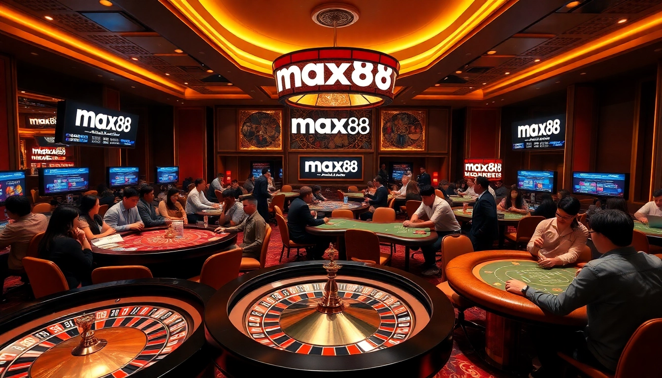 Engage with max88 at a luxurious casino featuring tables, chips, and thrilling games.