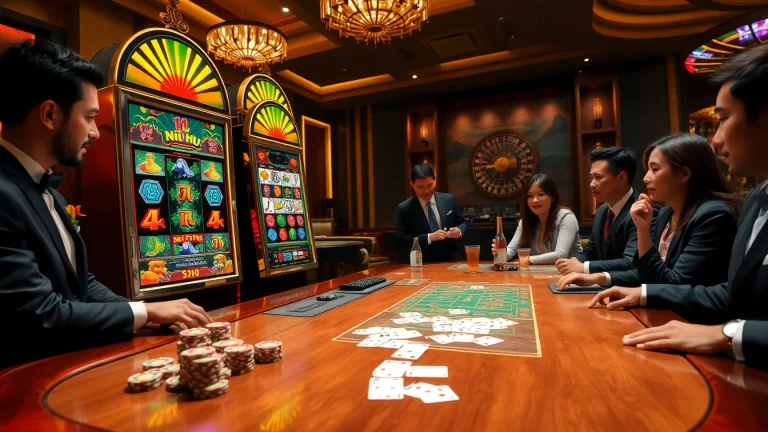 Experience the thrill of nổ hũ at a vibrant casino with slot machines, poker chips, and glamorous ambiance.