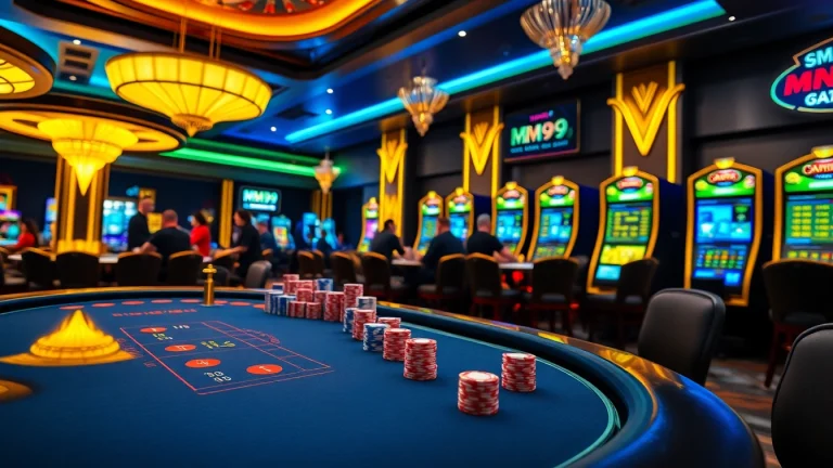 Players enjoy a thrilling poker game at MM99 casino, surrounded by vibrant lighting and luxury decor.