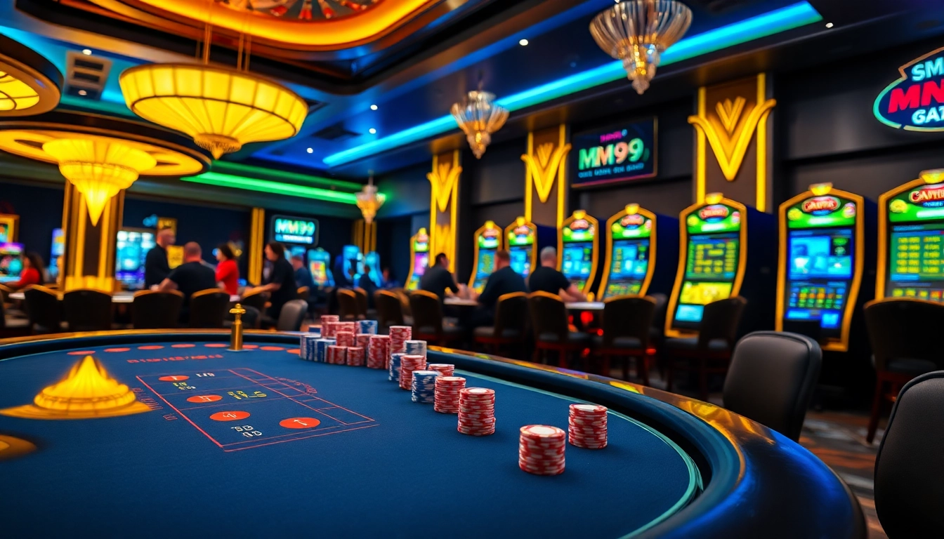 Players enjoy a thrilling poker game at MM99 casino, surrounded by vibrant lighting and luxury decor.