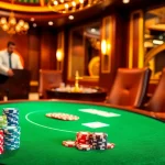 Players strategizing at a luxurious poker table with colorful chips, showcasing https://5mbcr.com/.