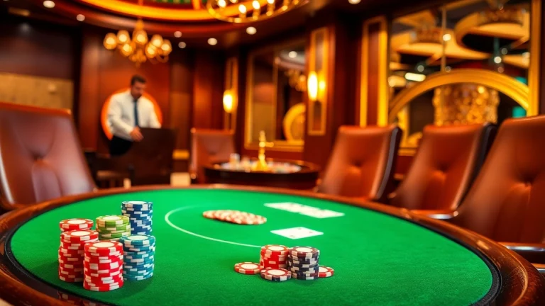Players strategizing at a luxurious poker table with colorful chips, showcasing https://5mbcr.com/.