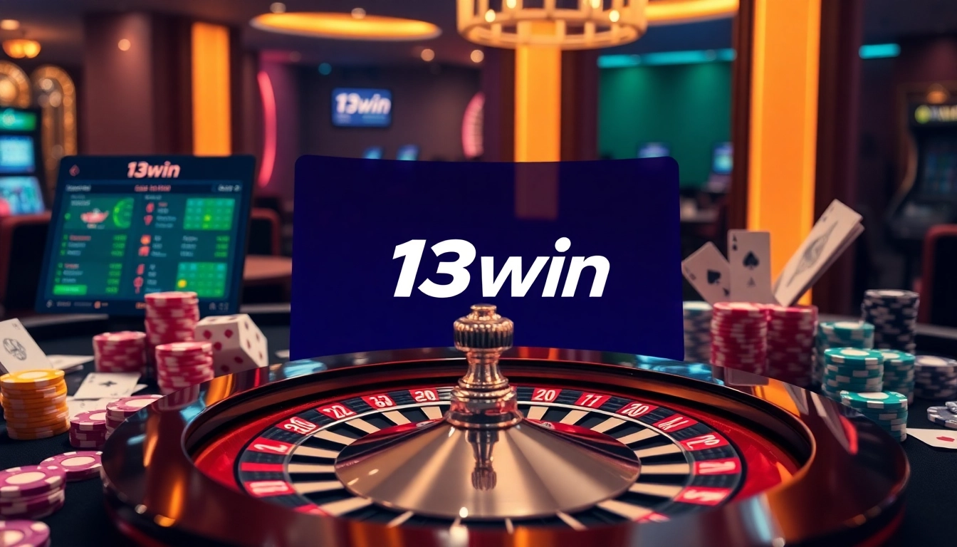 Engaging casino scene showcasing the 13win brand with roulette, cards, and chips.