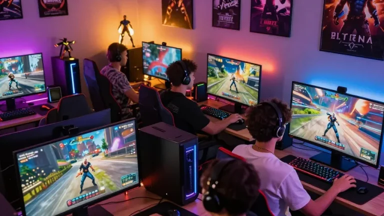 Engaged players enjoying real porn games in a vibrant gaming room atmosphere.