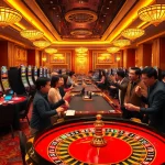 Players celebrating a win at a luxurious xin88 casino's roulette table, surrounded by vibrant gaming elements.