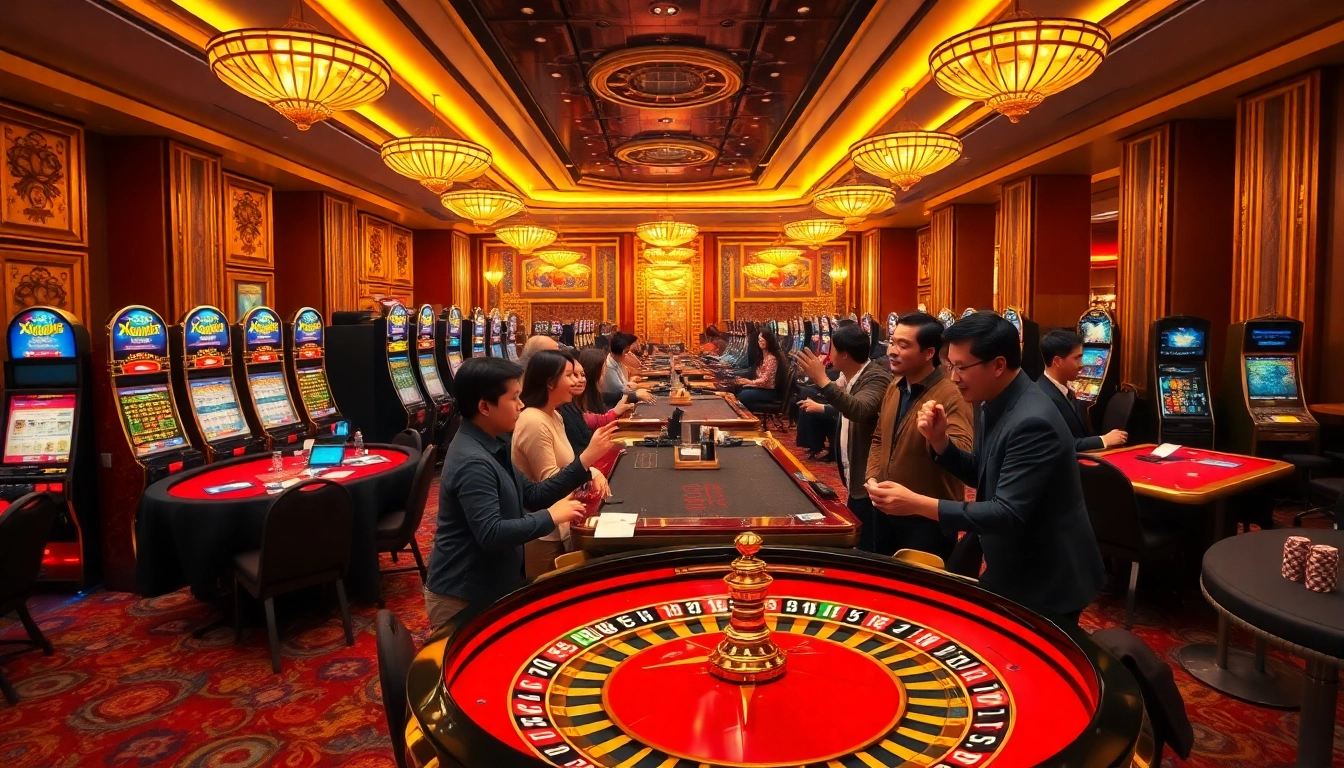 Players celebrating a win at a luxurious xin88 casino's roulette table, surrounded by vibrant gaming elements.