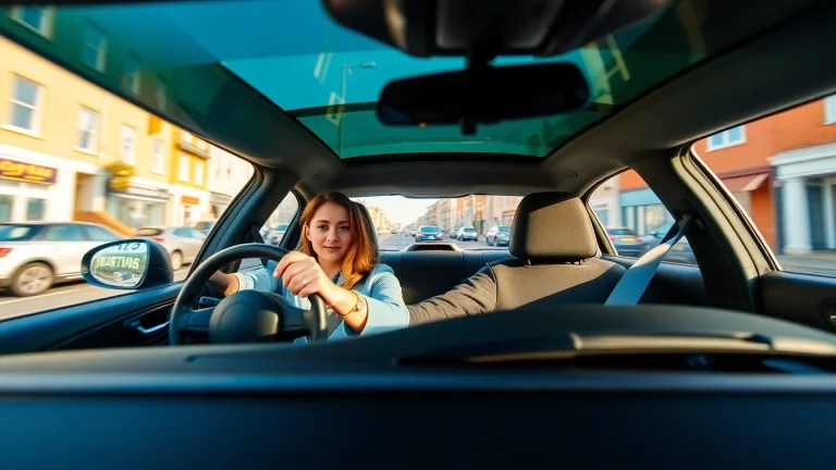Engaged student learning in an intensive driving course Portsmouth, focused while driving in a modern setting.