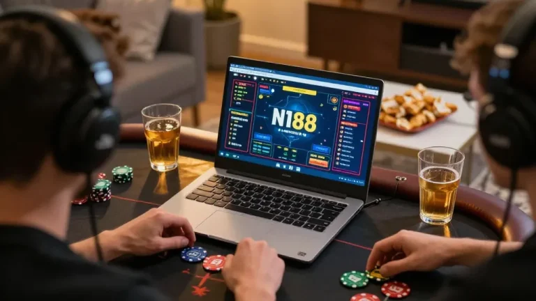 Player engaging in competitive online poker on n188 platform, at home with cozy atmosphere.