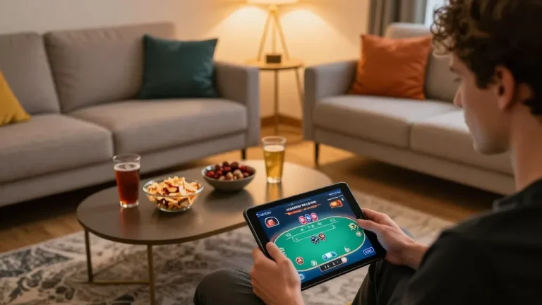 xnk88 player enjoying poker game on tablet in stylish home setup with warm lighting