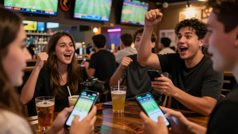 Bettors engaging with the u888 com app during a lively sports event at a bar, celebrating and placing bets.