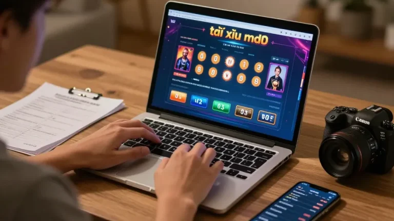 Player engaging with the tài xỉu md5 game interface on a laptop while analyzing strategy notes, highlighting online gambling.
