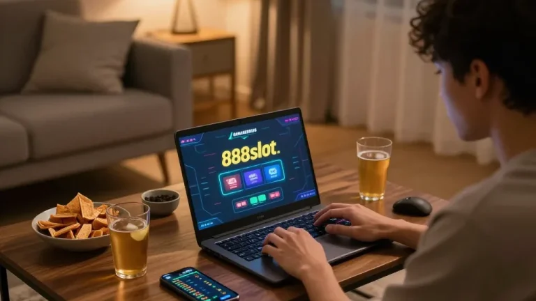 Engaging gameplay on 888slot's online platform with a player focused on their laptop amidst snacks and drinks.