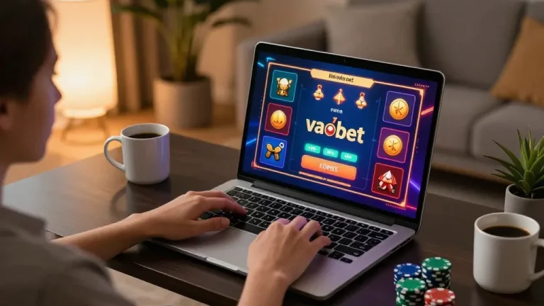 Engaged user playing vaobet on a laptop in a stylish home setting with vibrant game graphics.
