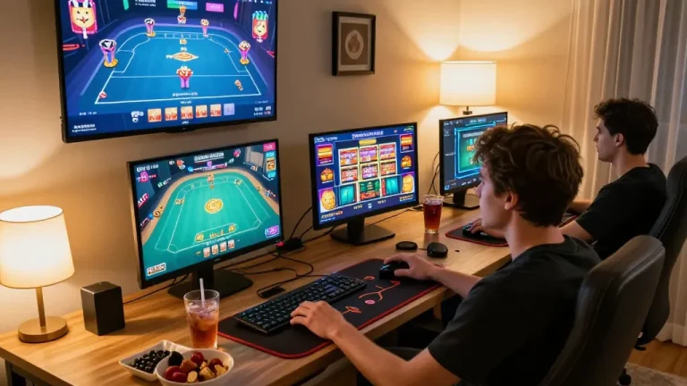 Player enjoying online gaming on Hitclub with multiple screens displaying exciting poker and slot games.