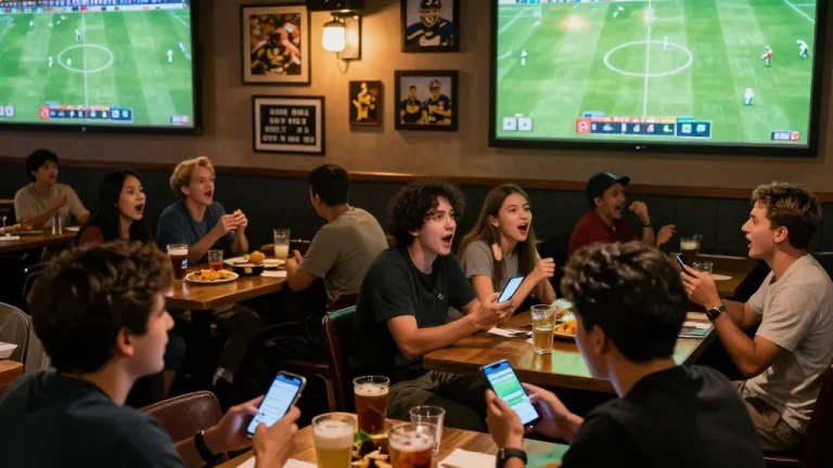 KQBD sports fans actively engaging with live betting during a football match in a lively bar setting.