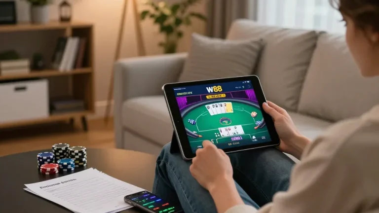W88 online poker gameplay on tablet in a cozy living room setting