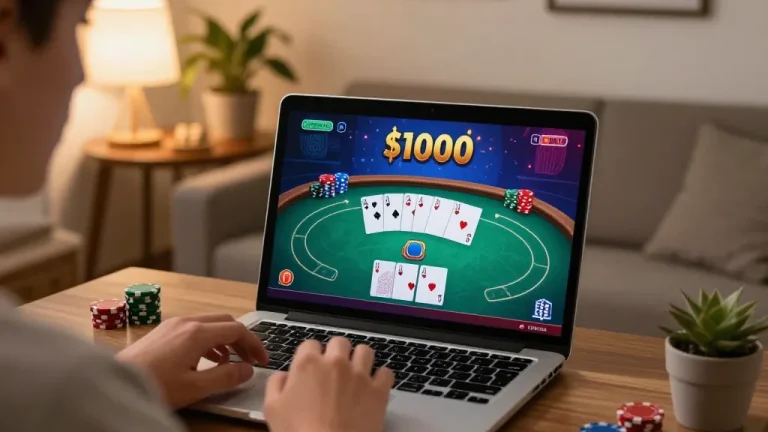 open88 player interacting with online poker game interface at home, showcasing engaging gambling experience
